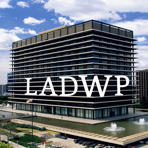 Picture of LADWP building with blue sky and clouds